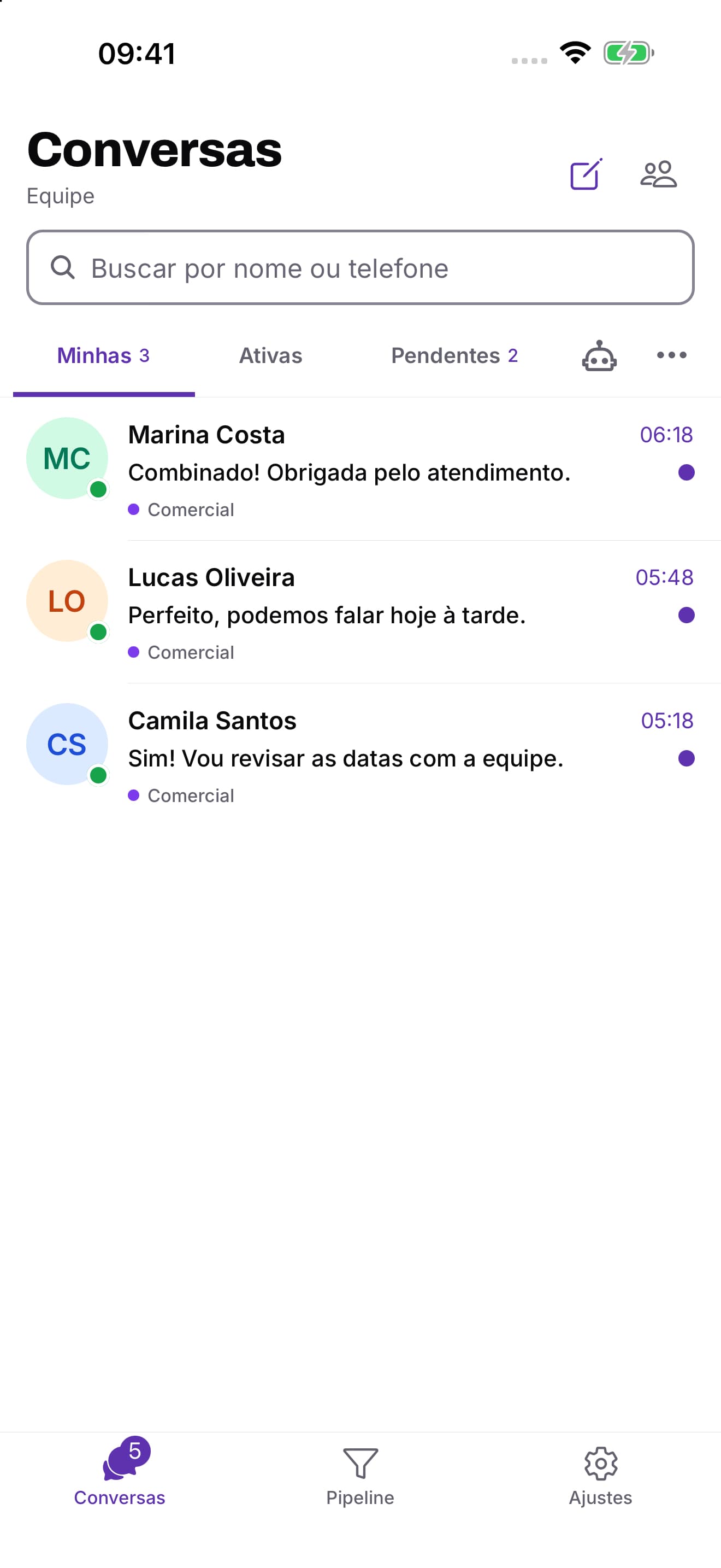 Conversas organizadas no aplicativo Duosis CRM