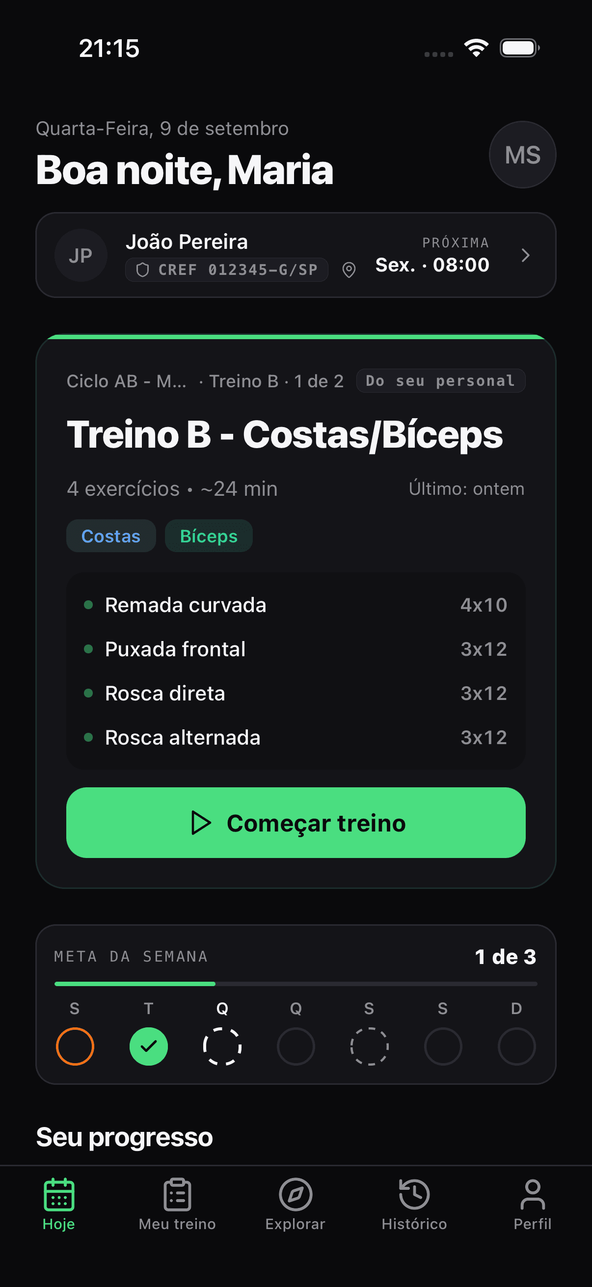 Aplicativo DuFit com treino do dia e evolução do aluno