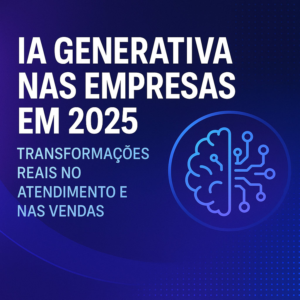 Banner em estilo tech com gradiente roxo e azul apresentando o título 'IA Generativa nas Empresas em 2025' e ícone de inteligência artificial.